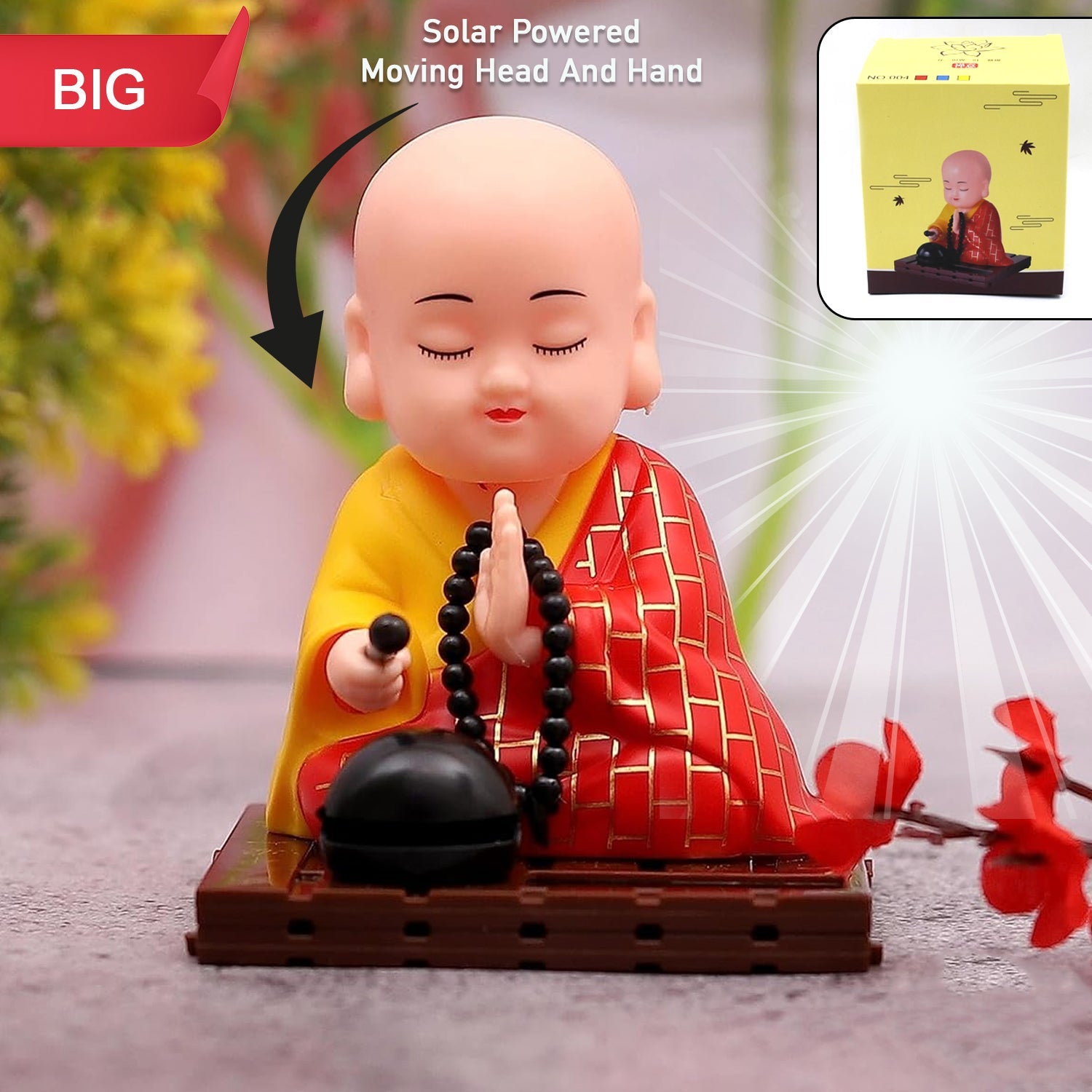 Solar Buddha Statue Moving Head & Hand Decor | Styleva - Side View