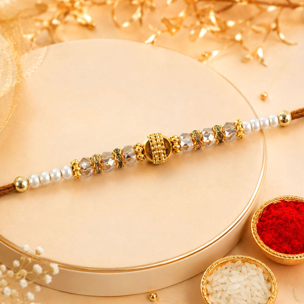 ALVENZA Minimal Pearl Golden Bracelet Rakhi with Sleek Beads and Elegant Red Thread