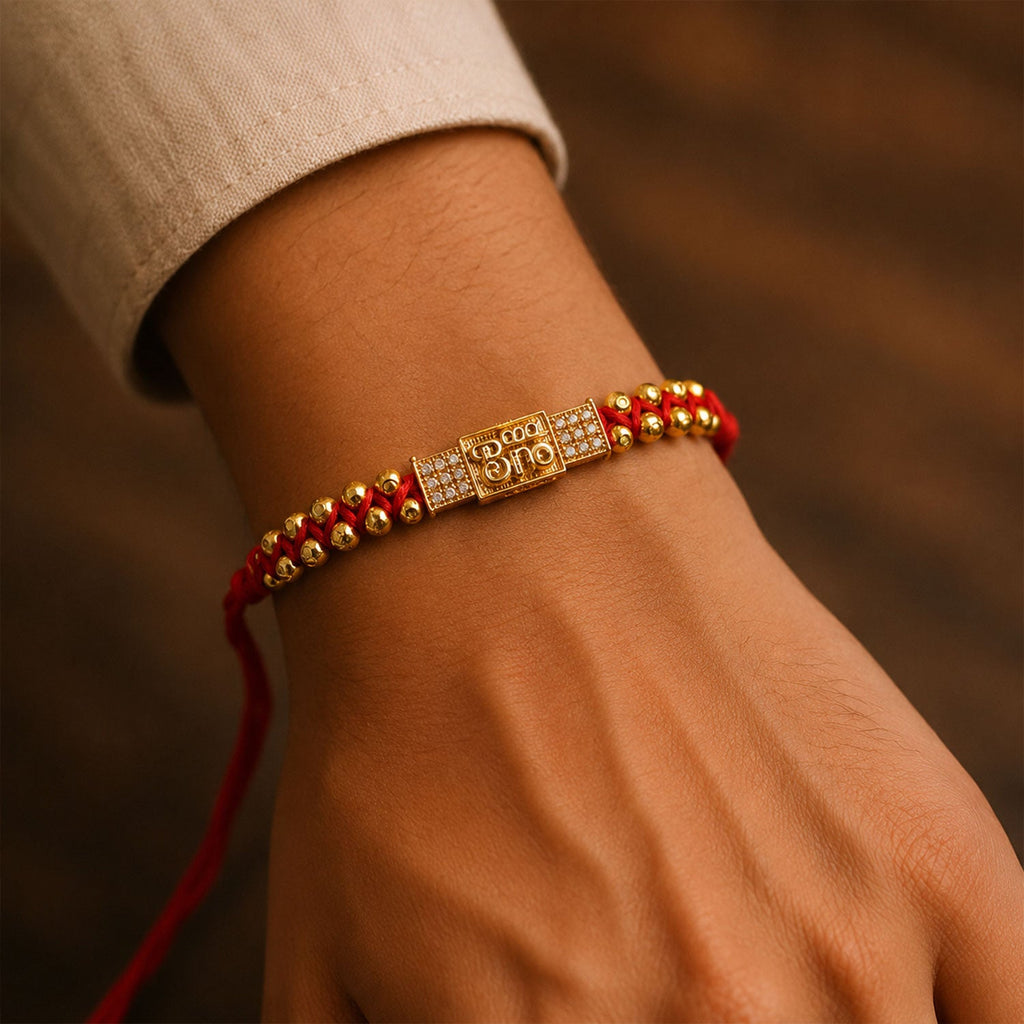 ALVENZA Stylish Brother Nameplate AD Stone Designer Rakhi with Gold Beads Gift