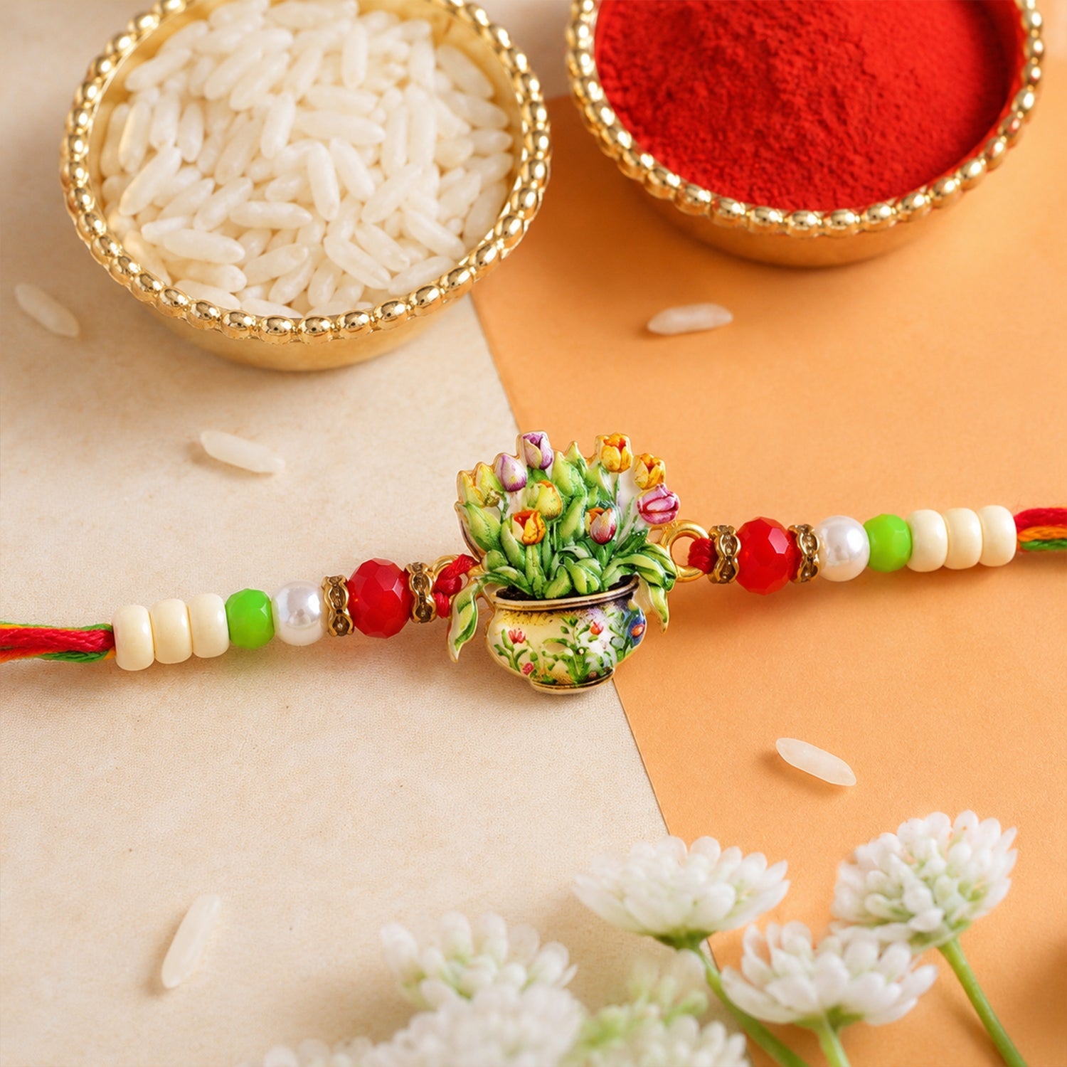 ALVENZA Auspicious Floral Kalash Devotional Rakhi for Brother with Beads Gift
