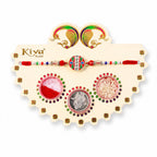 ALVENZA Round Red Green Enamel Rakhi with Multicolor Beads, Roli Chawal Coin and Card Packing