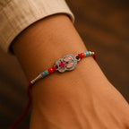 ALVENZA Oval Pink Stone Filigree Rakhi with Red Thread, Roli Chawal Coin and Gift Box Packing