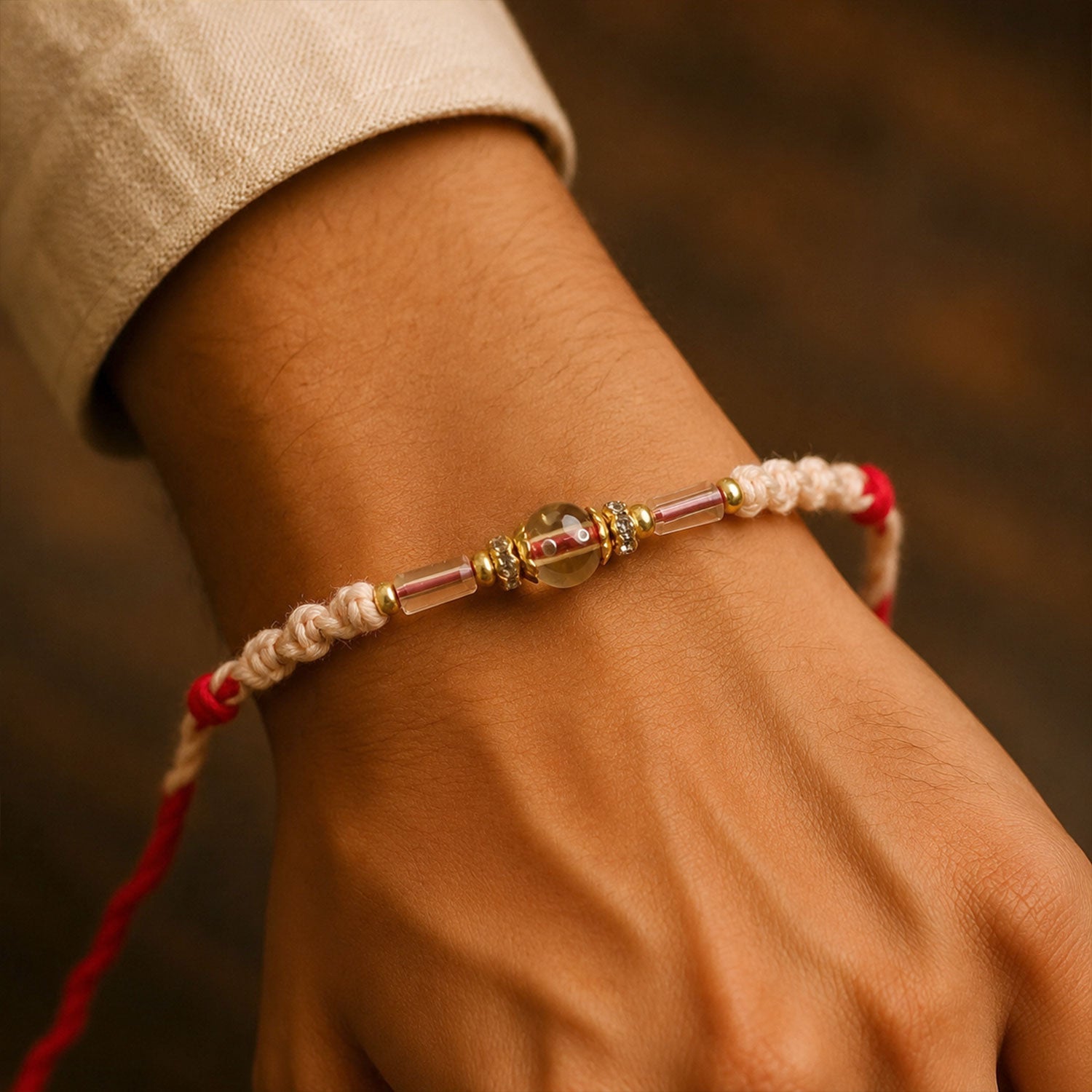 ALVENZA Sparkling Pearl Stone Rakhi with Colorful Thread and Premium Festive Beauty