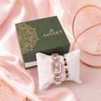 Rose Gold Watch with Square Shape Dial Bracelet Design and Black Stone Details