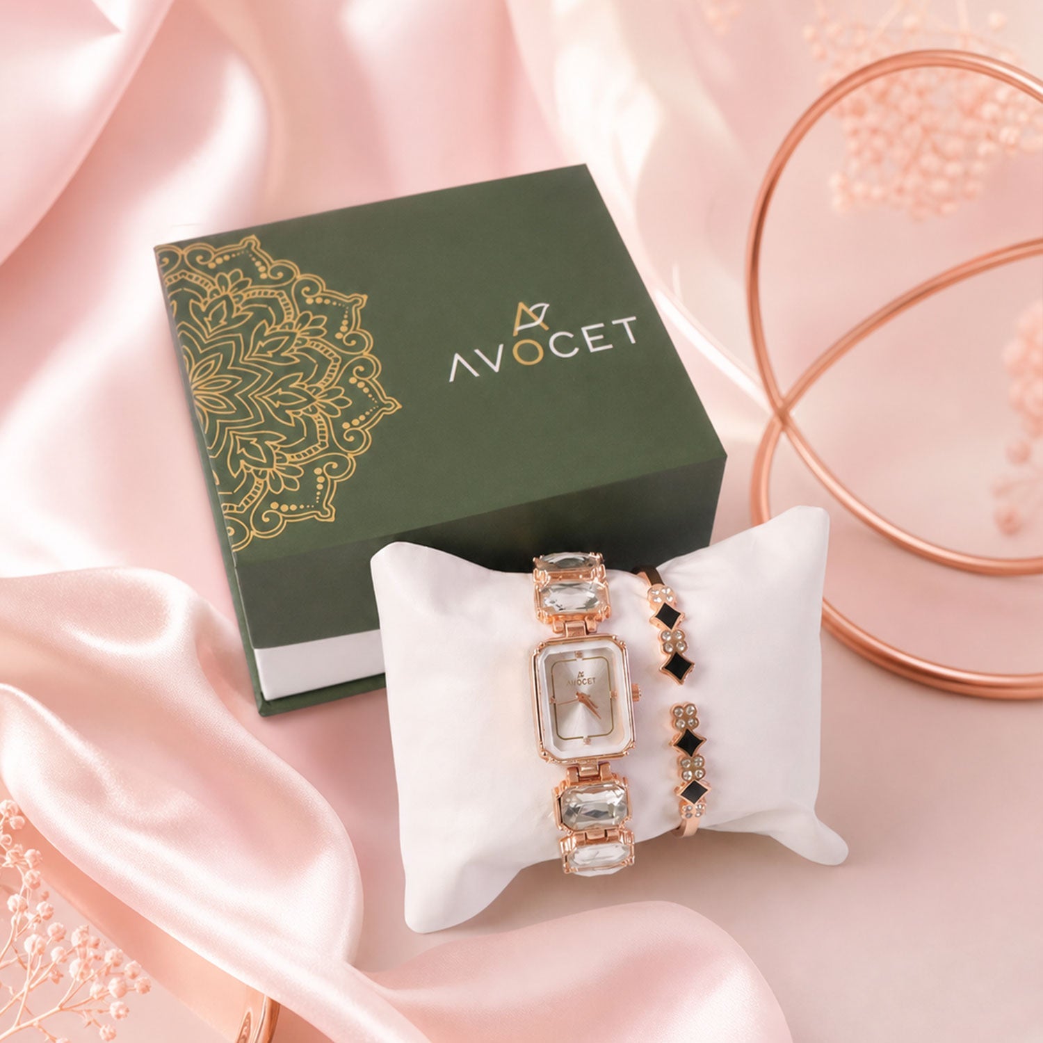 Rose Gold Watch with Square Shape Dial Bracelet Design and Black Stone Details