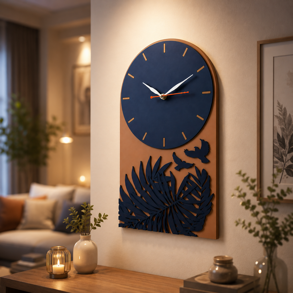 ALVENZA Tropical Leaf Bird Designer Layered MDF Wall Clock Modern Luxury Home