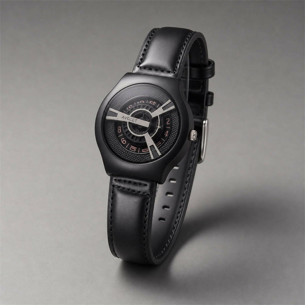 Black Luxury Watch – Elegant Rose-Gold Dial & Leather Strap