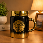 ALVENZA Luxury Ceramic Coffee Mug – Elegant Gold Handle & Lid for Hot Beverages