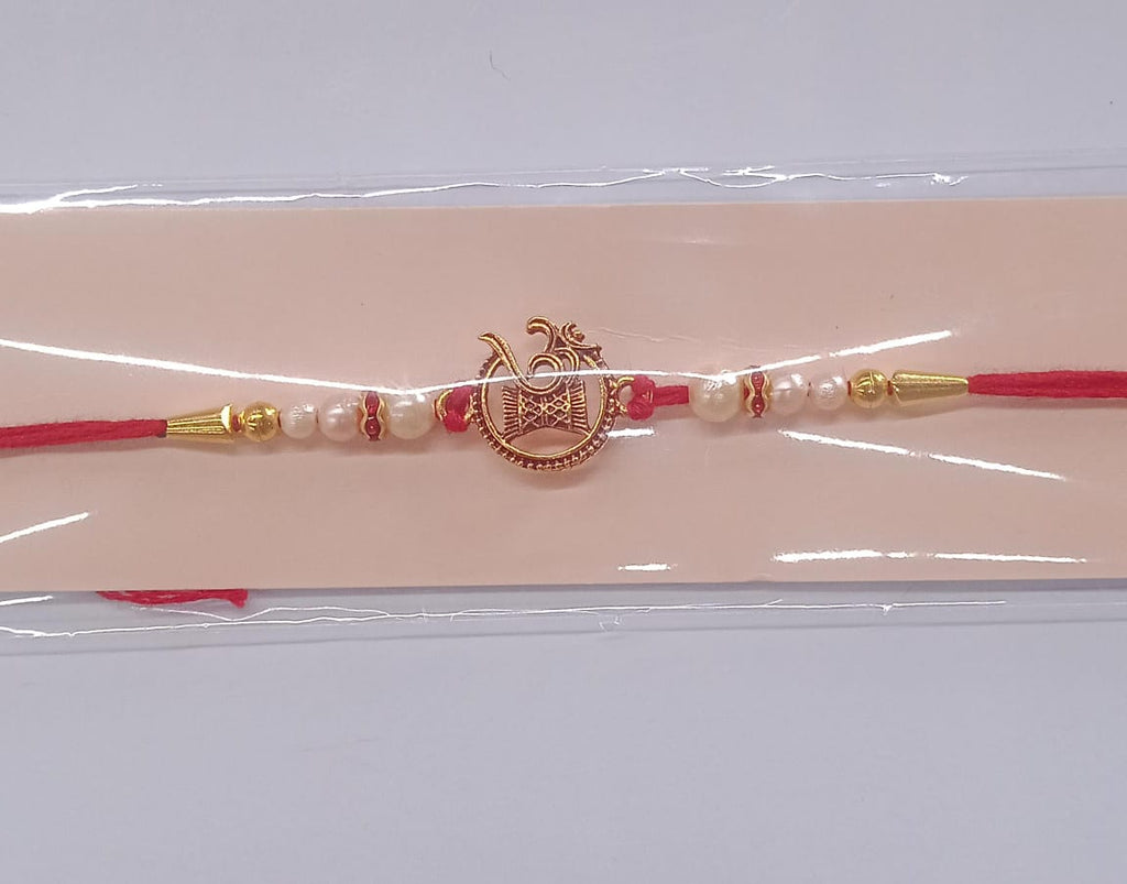 ALVENZA Om Swastik Rakhi - Golden Motif with Pearl Beads for Brother