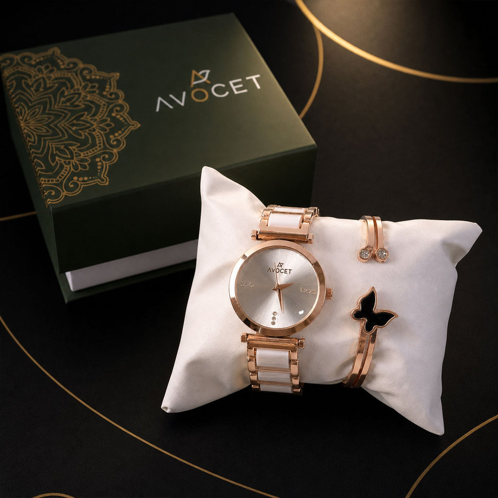 Rose Gold Round Dial Watch with Black Butterfly Charm Bracelet for Women