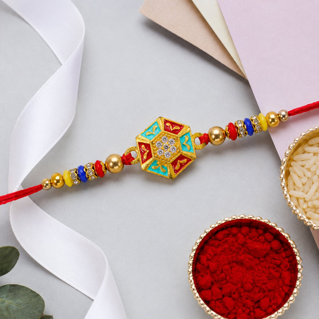 ALVENZA Golden Snowflake Crystal Designer Rakhi for Brother, Lavender Beads Gift