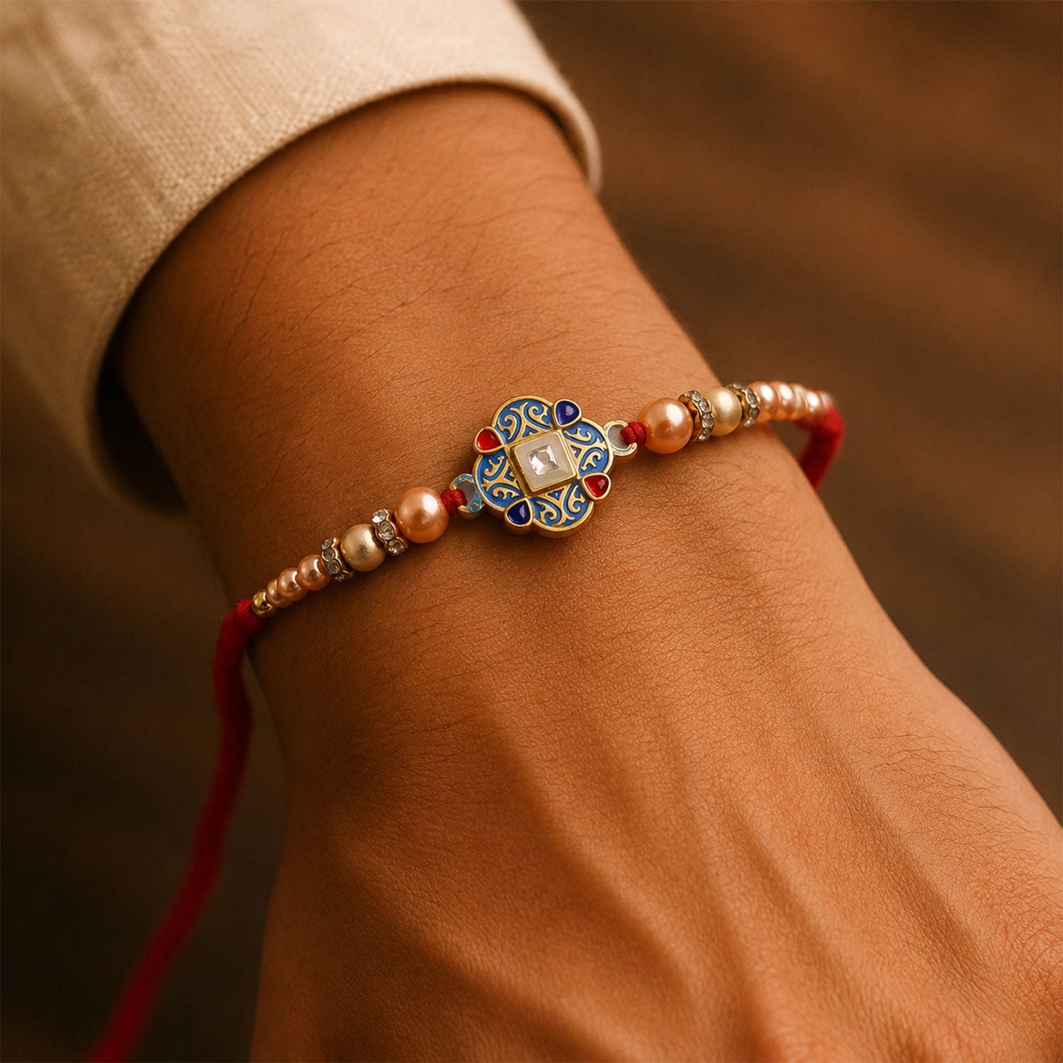 ALVENZA Blue Enamel Mandala Rakhi with Golden Star Detail, Roli Chawal Coin and Gift Box Packing