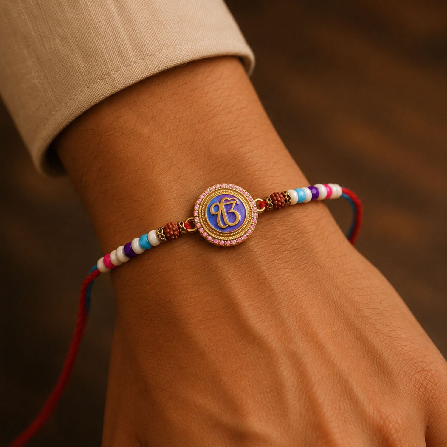ALVENZA Ek Onkar Spiritual Rudraksha Rakhi for Brother with Beaded Thread Gift