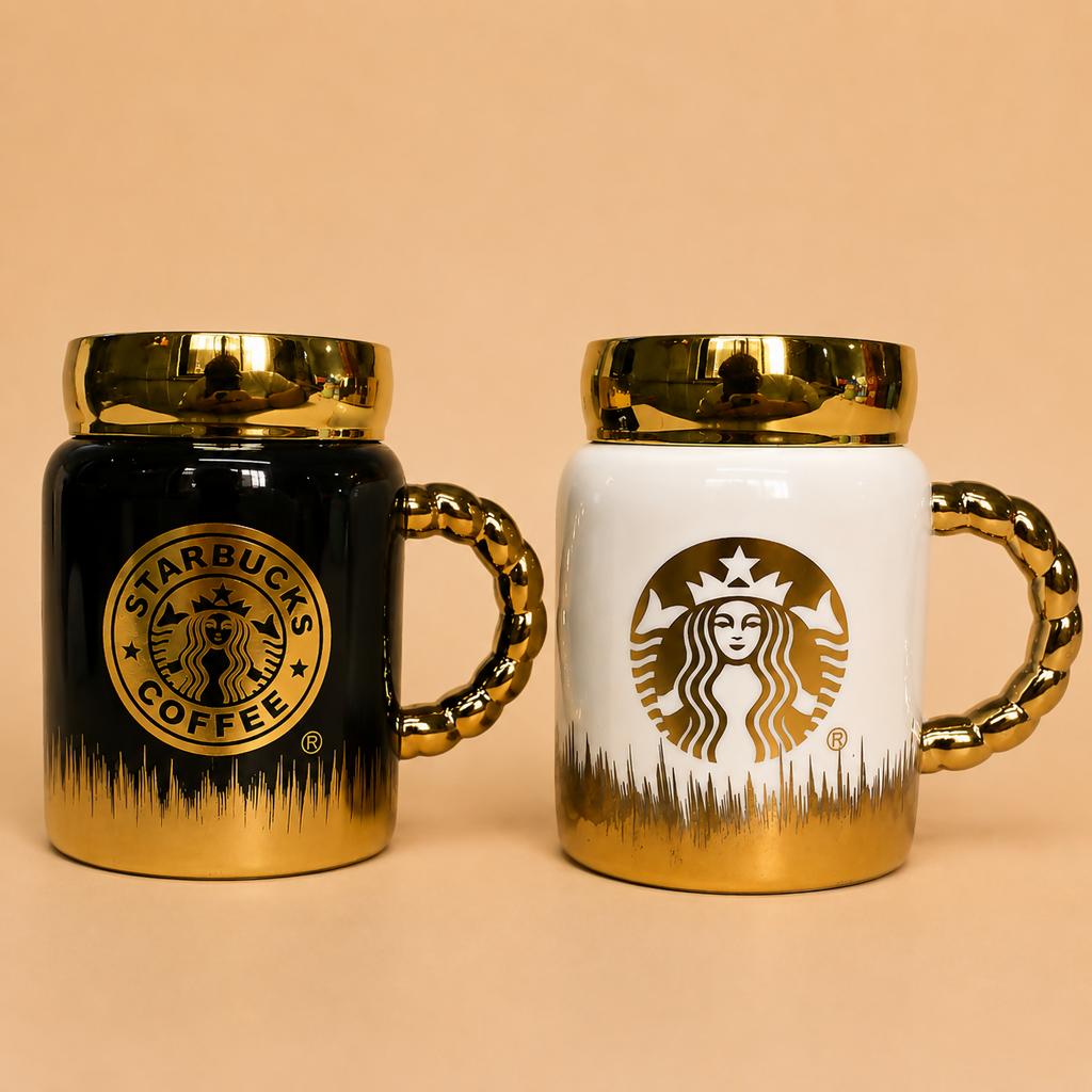 ALVENZA Luxury Ceramic Coffee Mug – Elegant Gold Handle & Lid for Hot Beverages