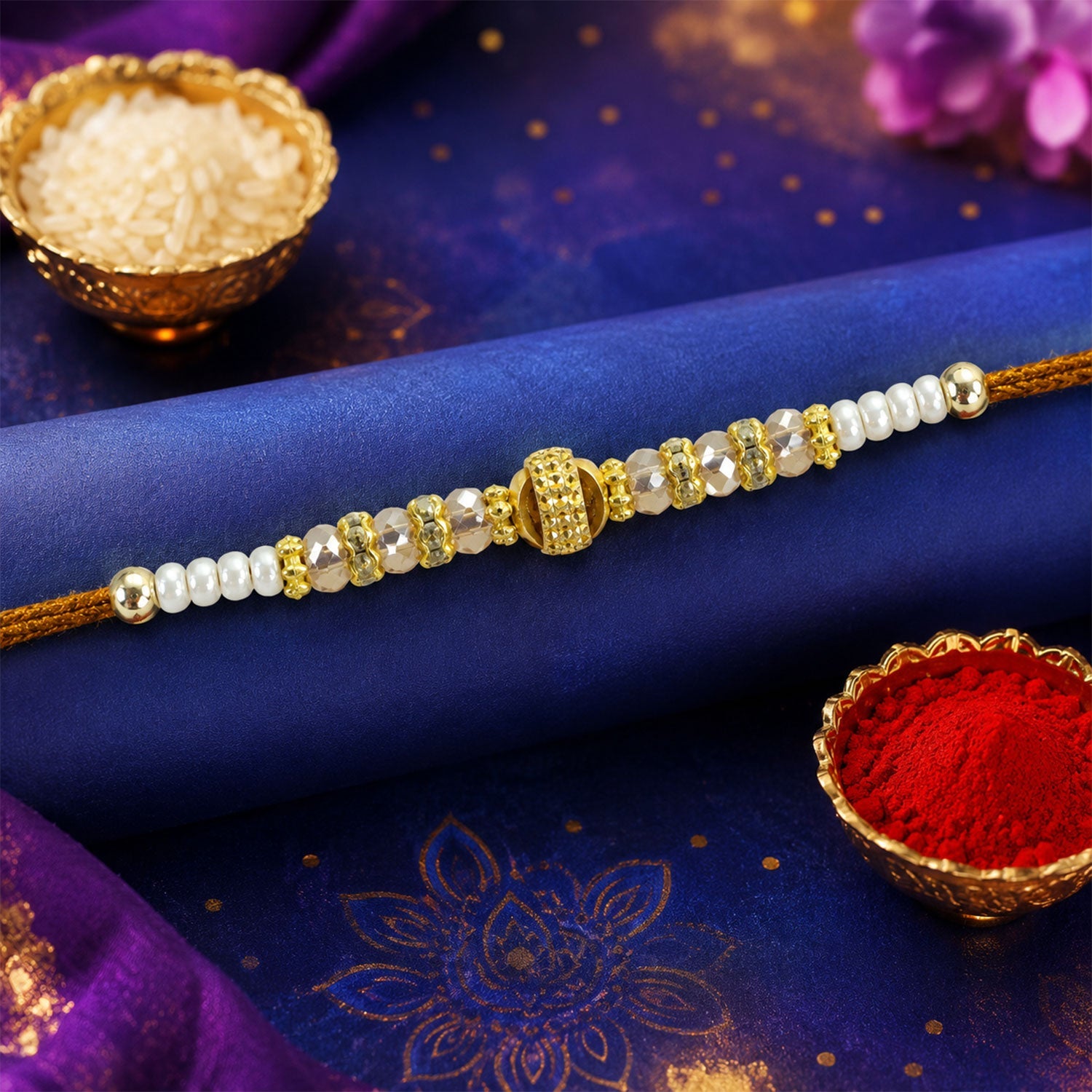ALVENZA Minimal Pearl Golden Bracelet Rakhi with Sleek Beads and Elegant Red Thread
