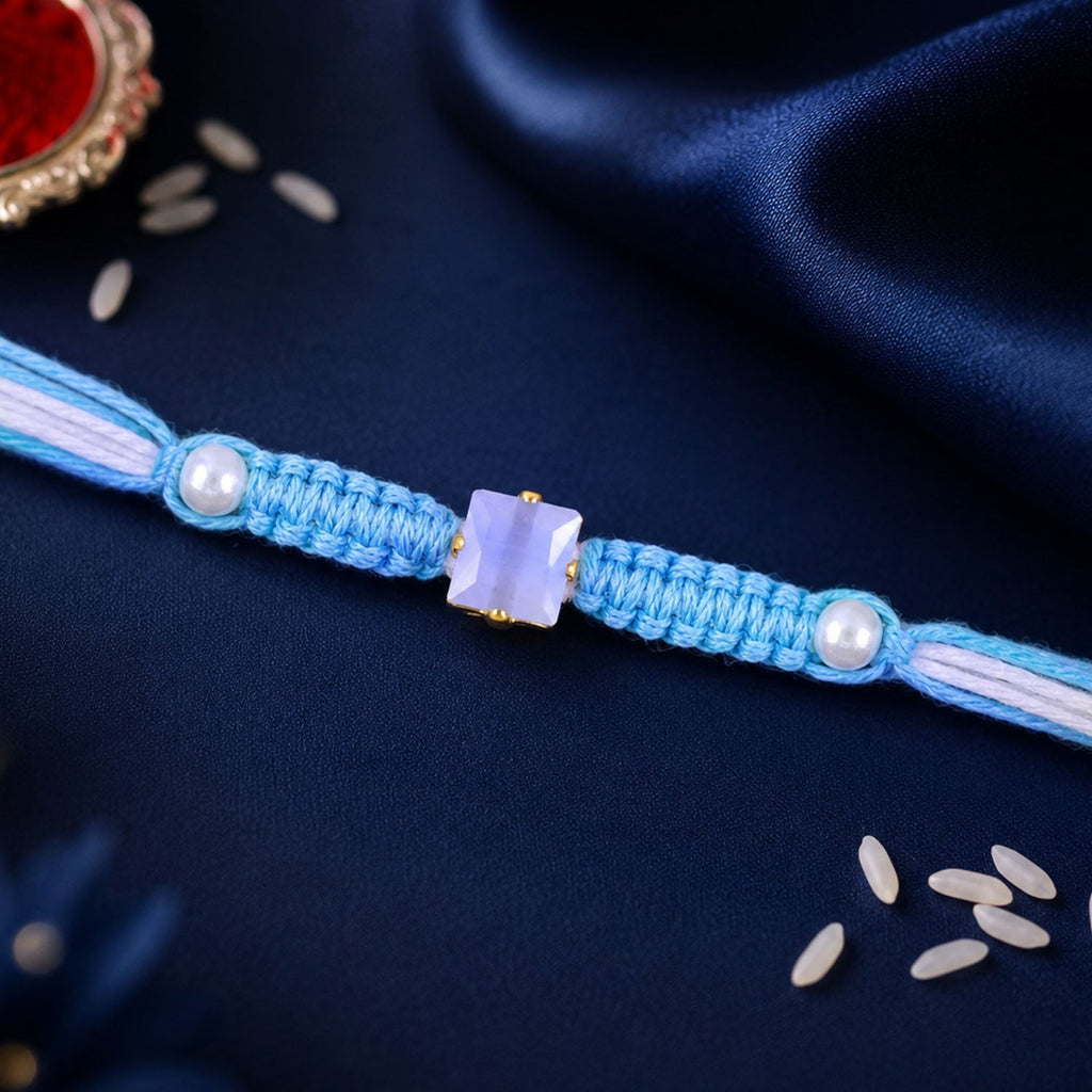 ALVENZA Blue Square Stone Macrame Rakhi with Pearl Beads, Silver Accents and Soft Thread
