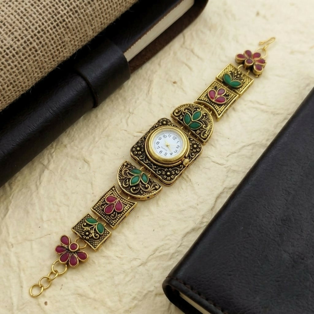 Rajasthani Inspired Designer Watch for Women with Floral Meenakari Work