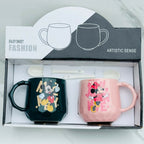 ALVENZA Ceramic Mug Set of 2 – Cute Couple Prints with Spoons for Daily Use