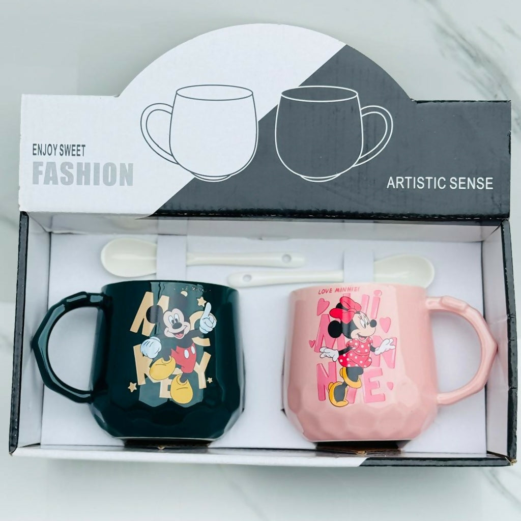 ALVENZA Ceramic Mug Set of 2 – Cute Couple Prints with Spoons for Daily Use