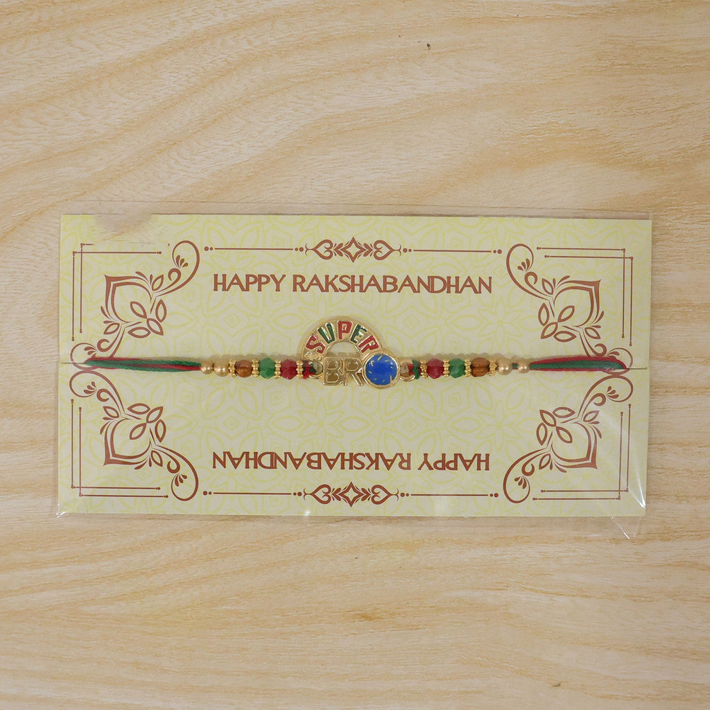 ALVENZA Super Bro Golden Rakhi with Colorful Beads, Blue Charm and Premium Festive Look