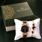 Rose Gold Round Dial Watch with Black Butterfly Shape Bracelet for Women