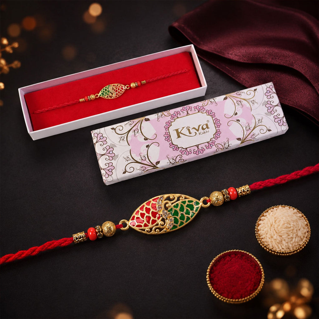ALVENZA Red & Green Marquise Meenakari Designer Rakhi for Brother Gift Set Combo