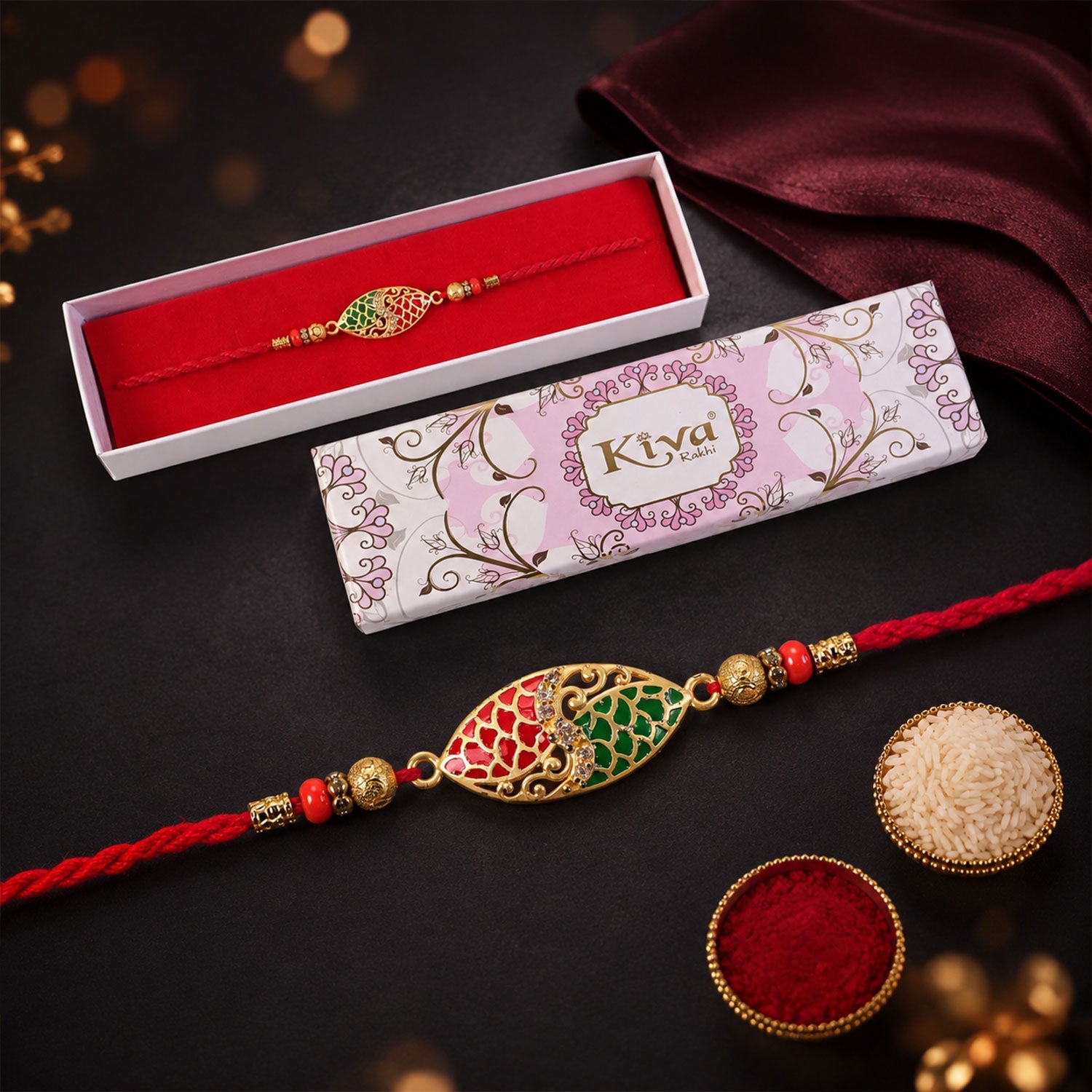 ALVENZA Red & Green Marquise Meenakari Designer Rakhi for Brother Gift Set Combo
