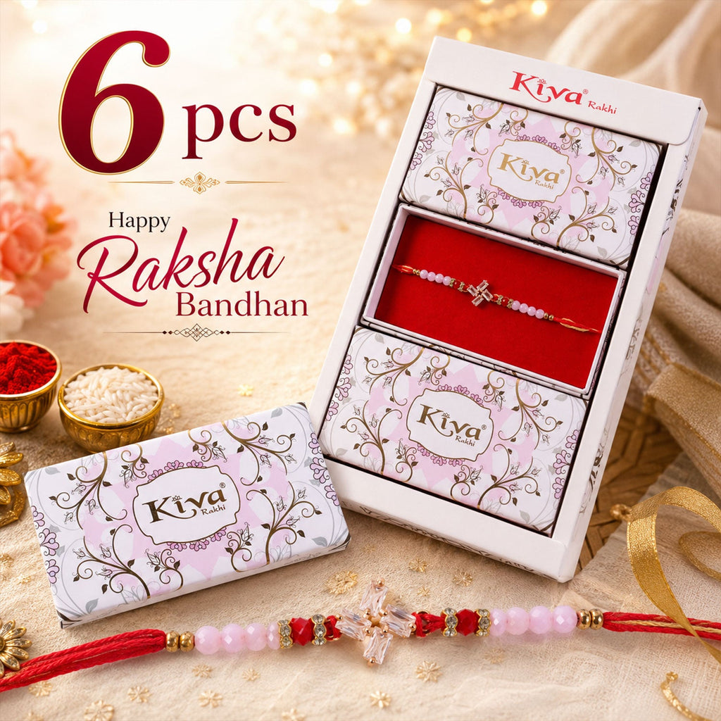 ALVENZA Crystal Pinwheel Rakhi with Baguette AD Stones, Soft Pink & Red Crystal Beads