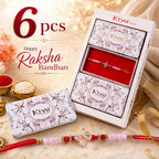 ALVENZA Crystal Pinwheel Rakhi with Baguette AD Stones, Soft Pink & Red Crystal Beads