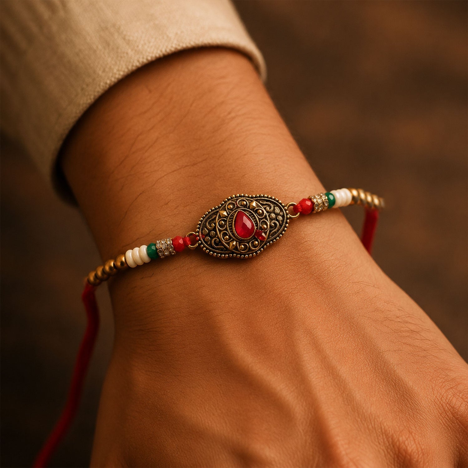 ALVENZA Antique Gold Oval Filigree Rakhi with Red Teardrop Stone, Pearl & Multicolor Beads