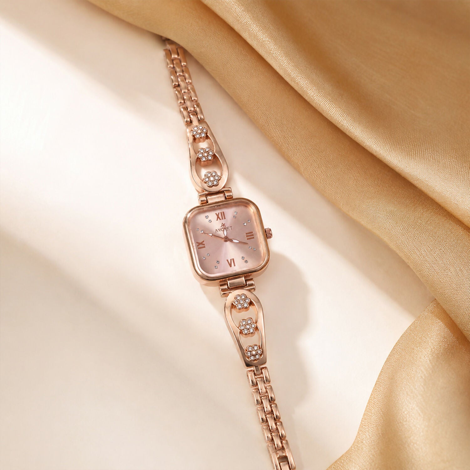 Women's Rose Gold Watch – Square Dial Floral Bracelet