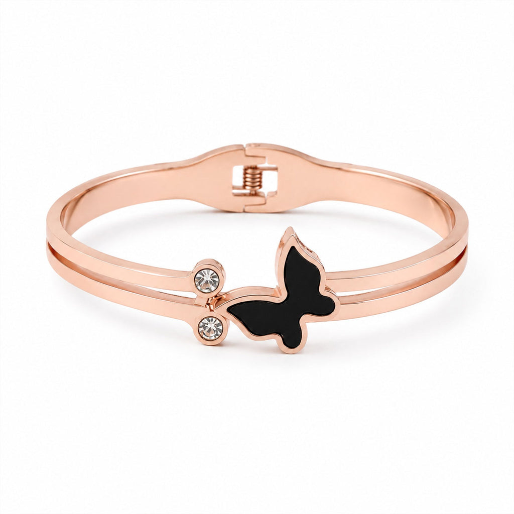 Rose Gold Round Dial Watch with Black Butterfly Charm Bracelet for Women