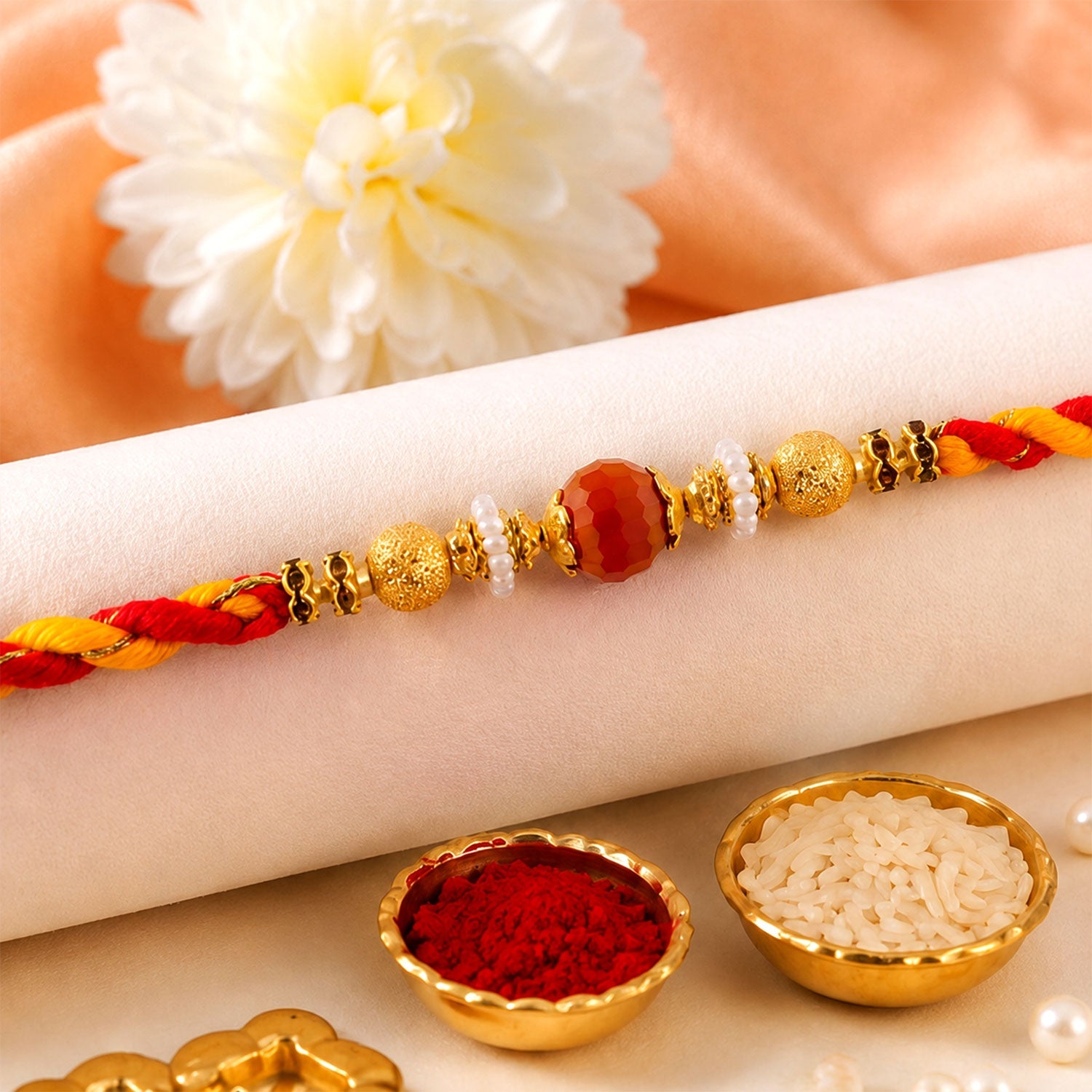 ALVENZA Beautiful Pearl Bead Rakhi with Soft Festive Shades and Elegant Designer Look