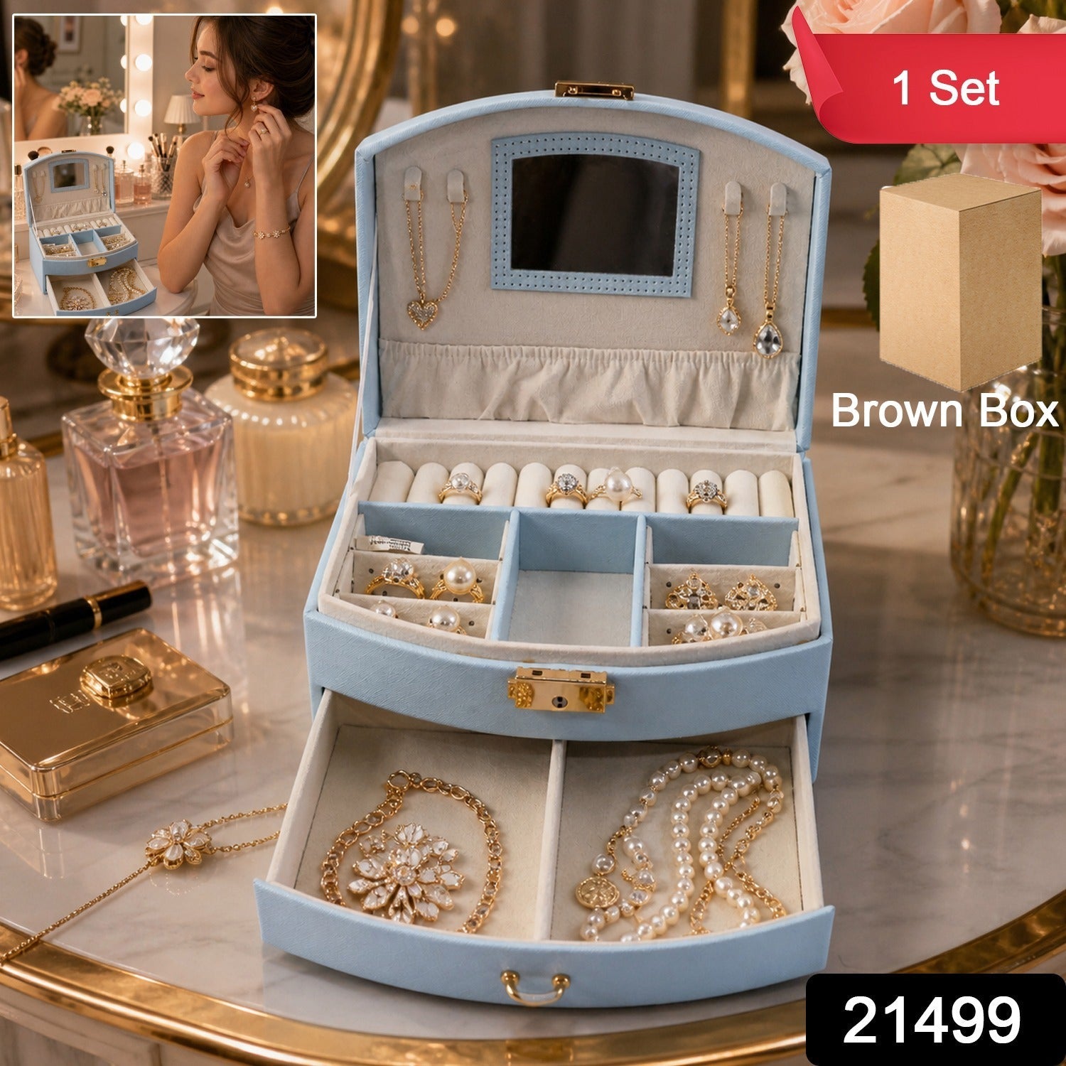 Jewelry Storage Box Multi-Layer Organizer with Mirror for Elegant Storage - Side View