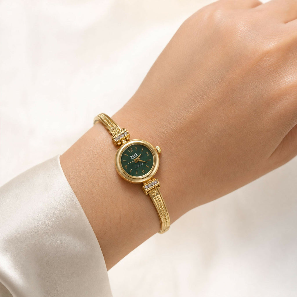 Gold Plated Bracelet Watch With Green Dial Crystal Accent Design For Women