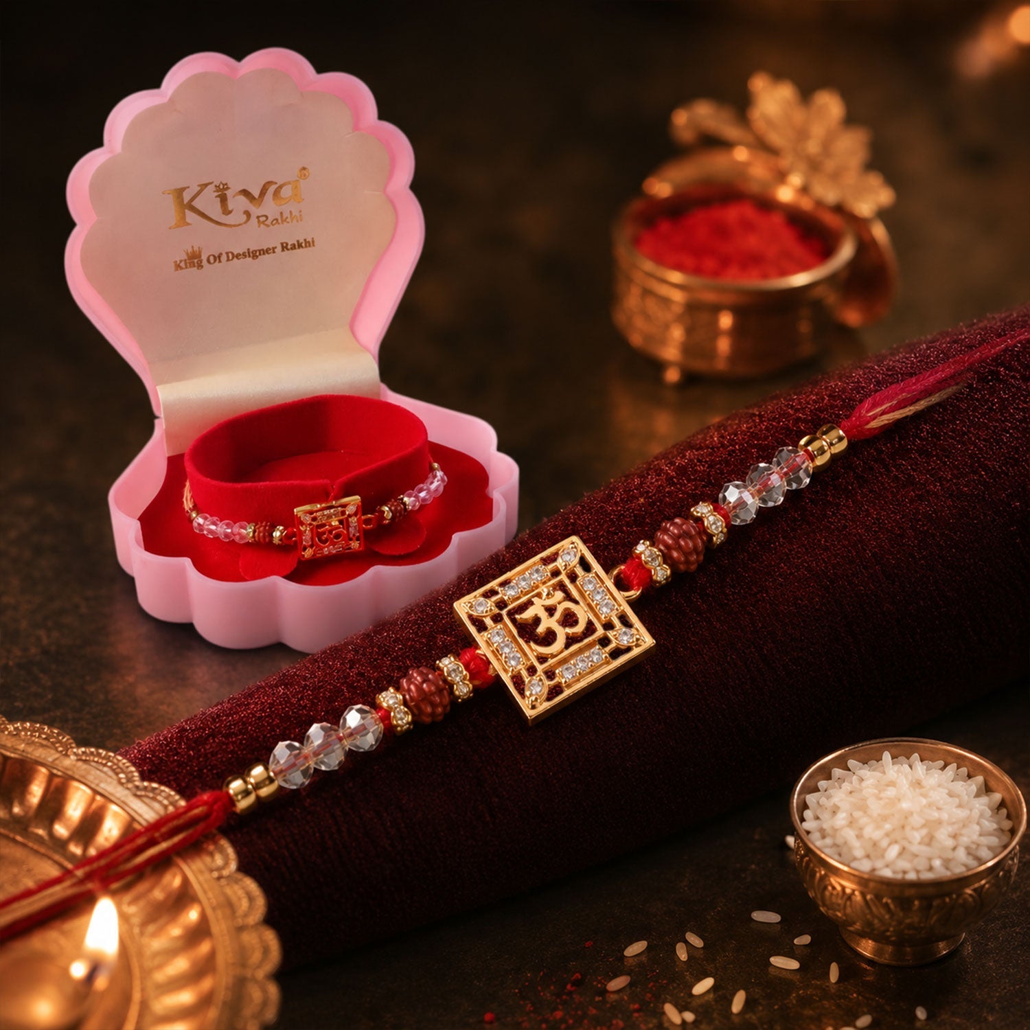 ALVENZA Auspicious Om Symbol AD Rudraksha Rakhi for Brother, Crystal Beads Gift
