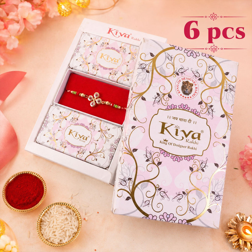 ALVENZA Four Crystal Clover Rakhi with Antique Gold Bezels, Red-Green Crystal & Golden Beads