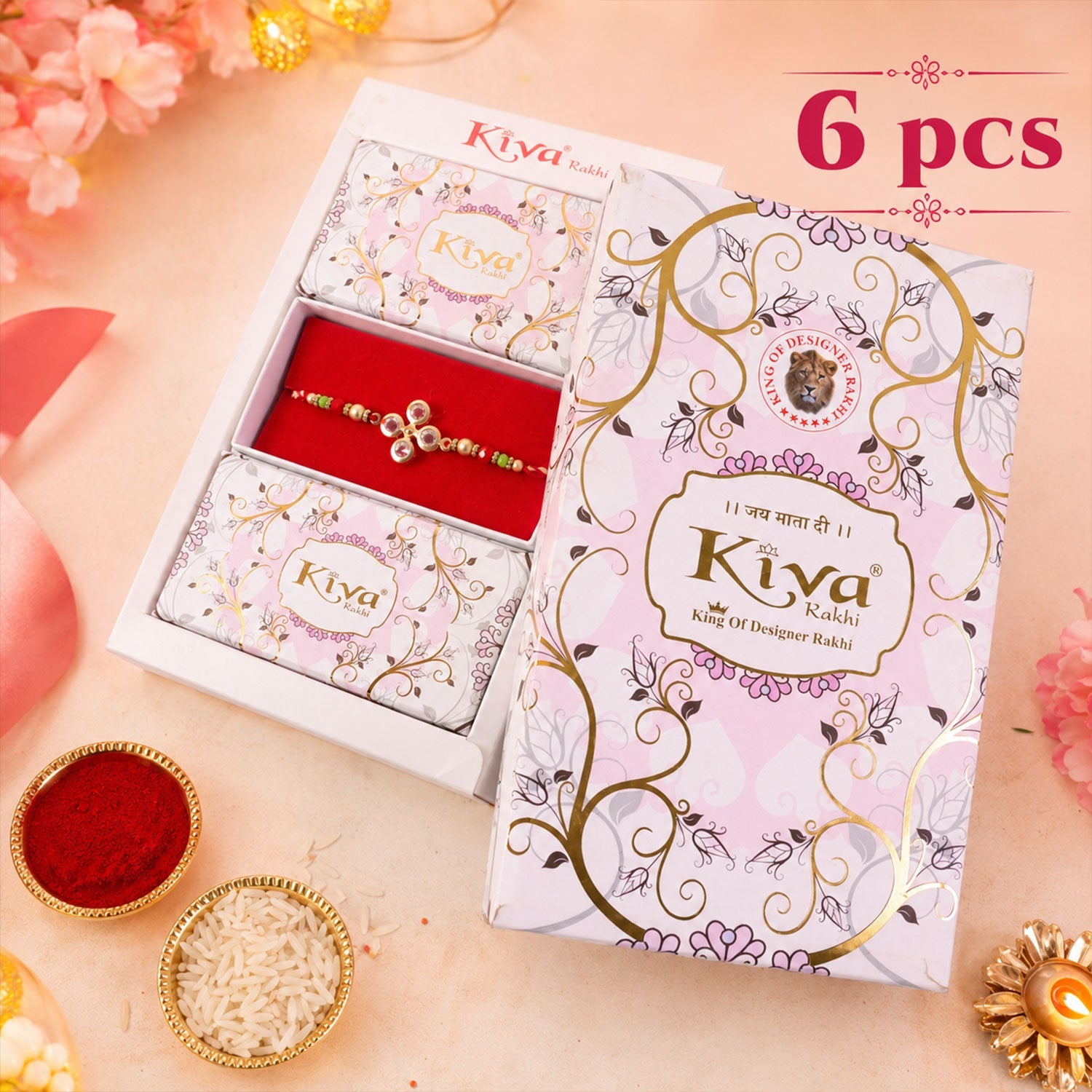 ALVENZA Four Crystal Clover Rakhi with Antique Gold Bezels, Red-Green Crystal & Golden Beads