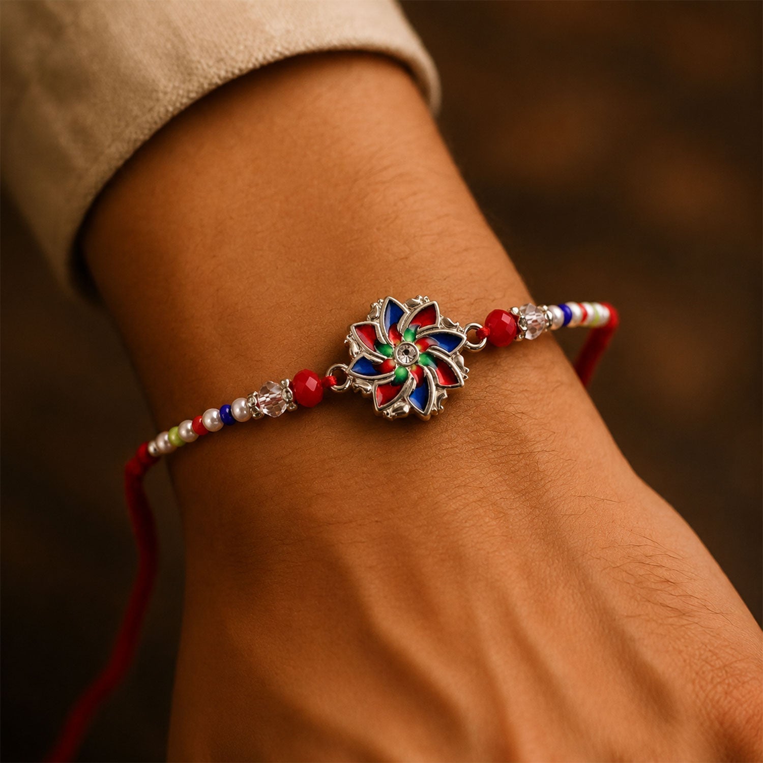ALVENZA Multicolor Floral Chakra Rakhi with Pearl Beads, Roli Chawal Coin and Peacock Card Packing