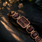 Rose Gold Square Shape Dial Watch with Black Red Stone Strap Design for Women