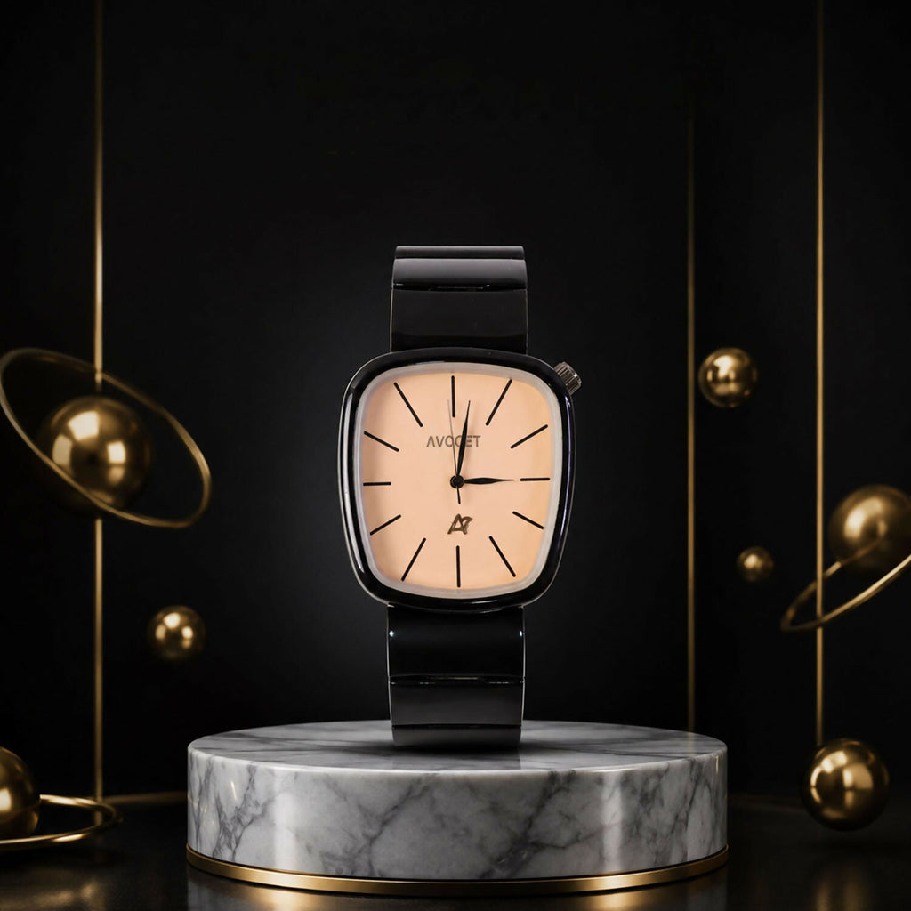 Black Square Analog Watch – Minimalist Champagne Dial for Men