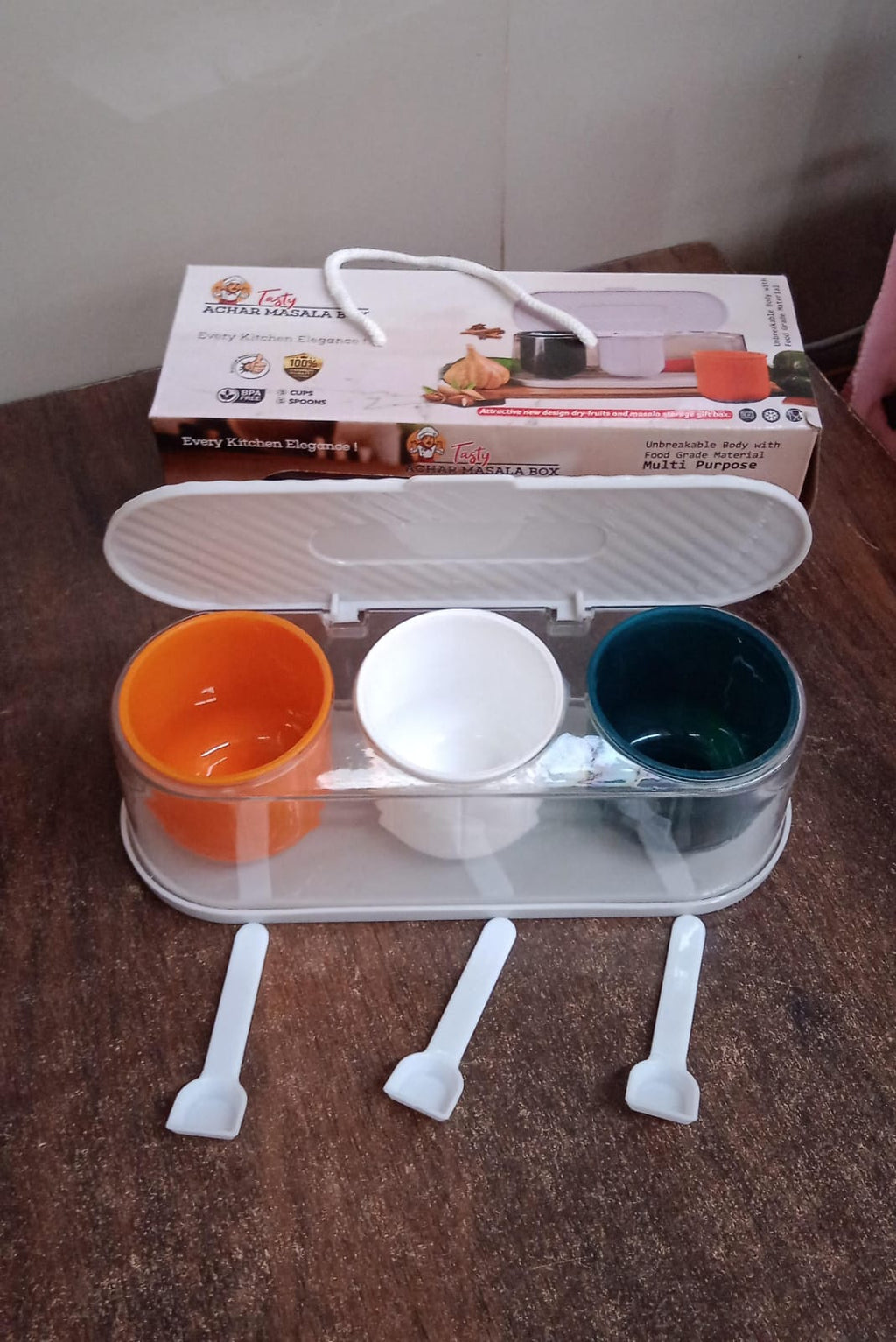 Spice Box 3-Grid Masala Storage with Spoons | Tidy Table - Detail View 8