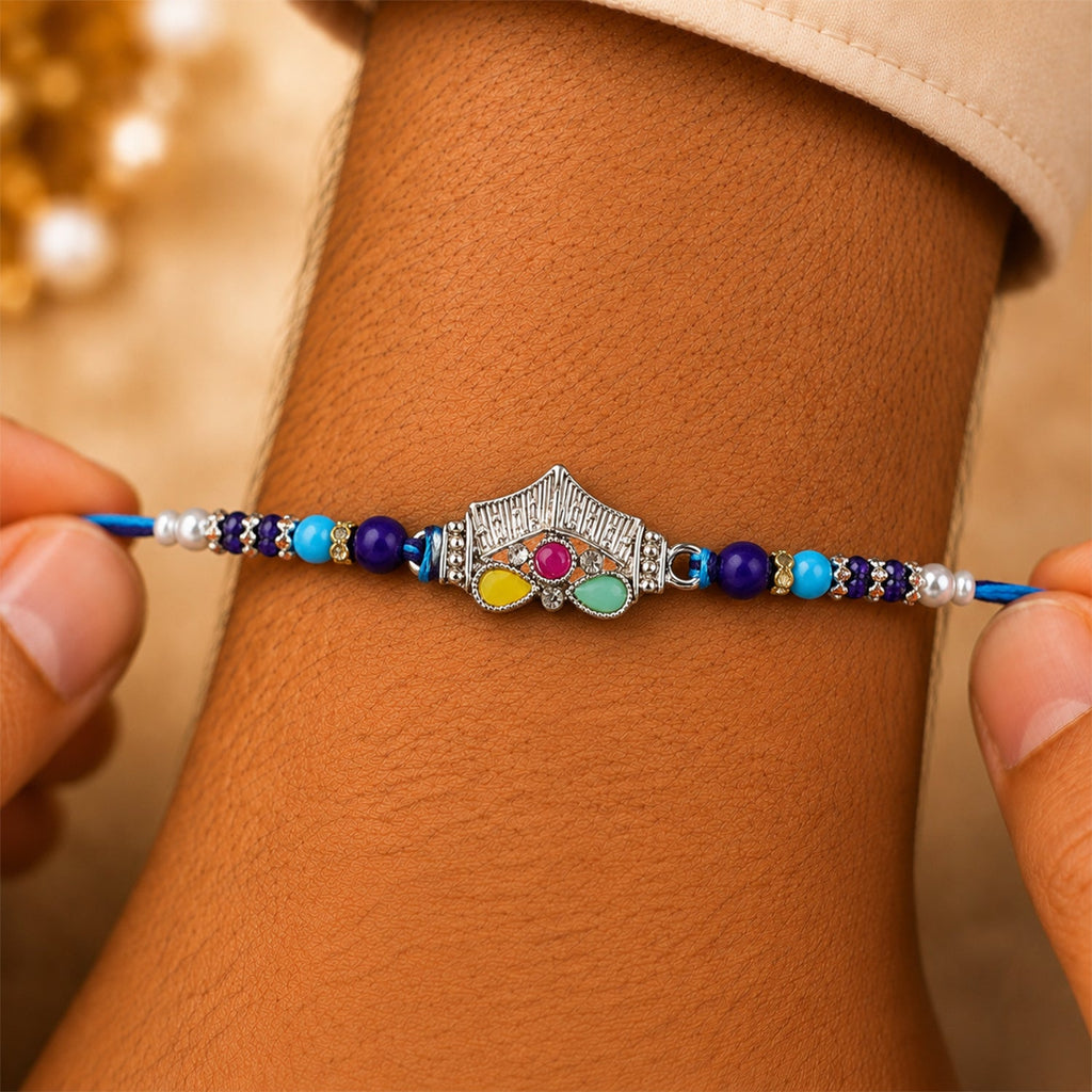 ALVENZA Silver Crown Temple Rakhi with Multicolor Stones, Roli Chawal Coin and Card Gift Packing