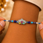 ALVENZA Silver Crown Temple Rakhi with Multicolor Stones, Roli Chawal Coin and Card Gift Packing