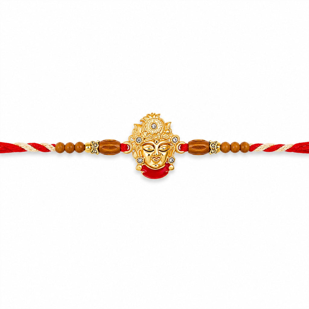 ALVENZA Golden Shrinathji Face Rakhi with Red Enamel Detail, Sandalwood-Finish Beads
