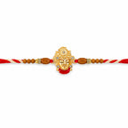 ALVENZA Golden Shrinathji Face Rakhi with Red Enamel Detail, Sandalwood-Finish Beads