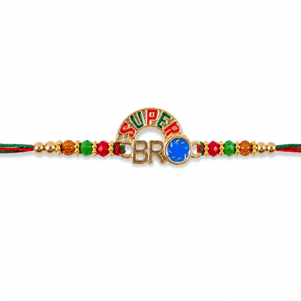 ALVENZA Super Bro Golden Rakhi with Colorful Beads, Blue Charm and Premium Festive Look