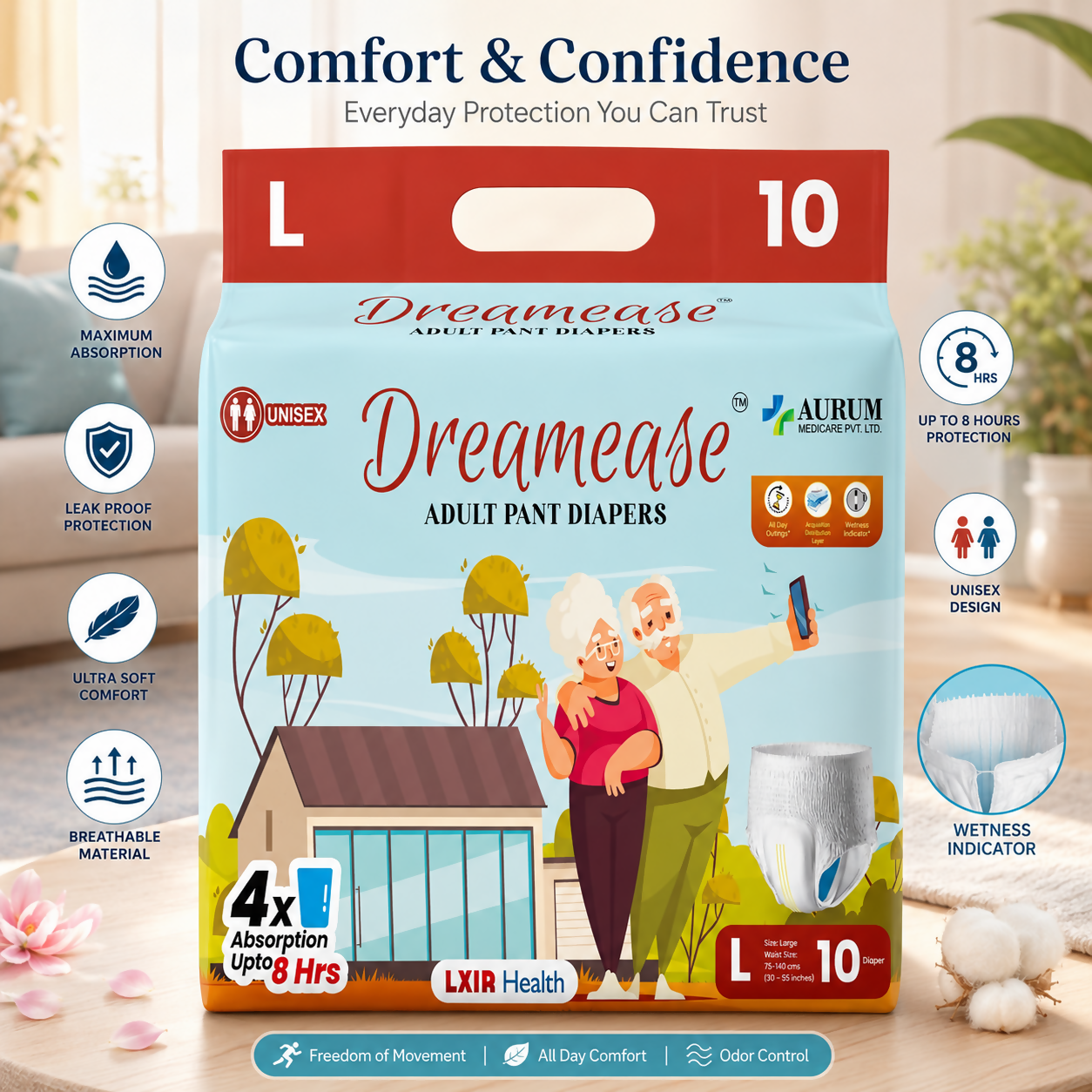 Dreamease Unisex Adult Diaper Pants with 4x Absorption Up to 8 Hrs Wetness Indicator