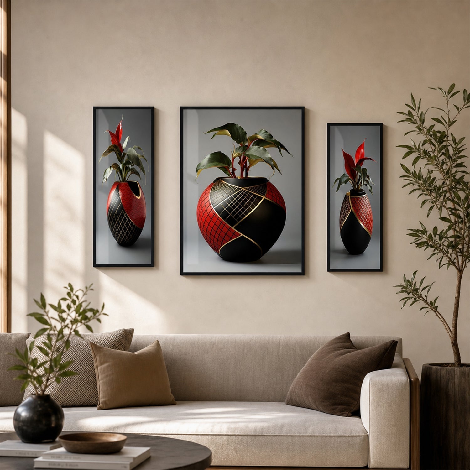 Flower Vase Wall Art Vibrant Floral 3-Panel MDF Frame - Front View