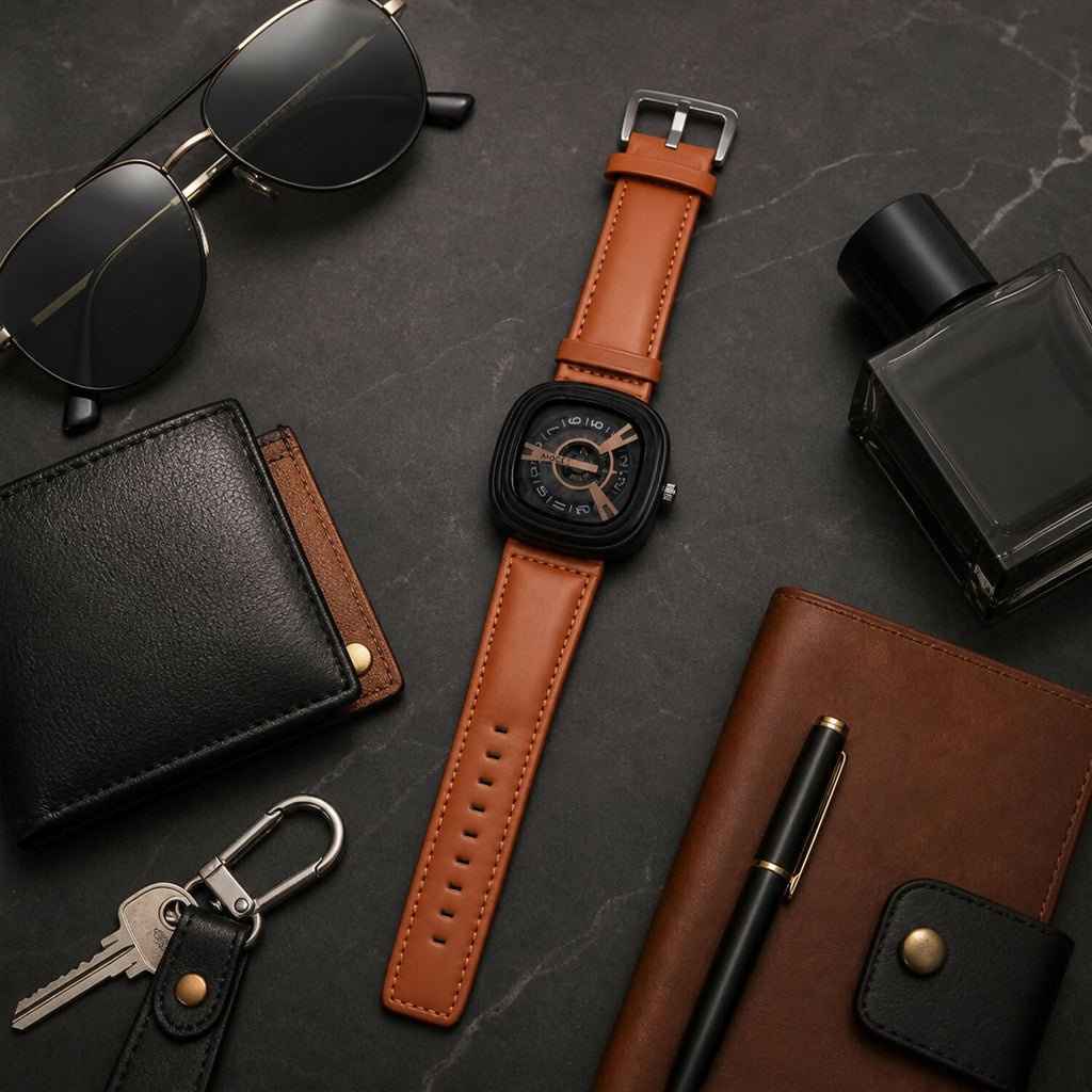 Luxury Square Dial Watch – Elegant Brown Leather Strap for Men